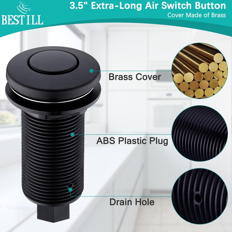 BESTILL Sink Top Garbage Disposal Air Switch Button with 5 Ft Air Hose, Matte Black 3.6" Long On/Off Push Button with Brass Cover, Compatible with all Power Modules - Image 3